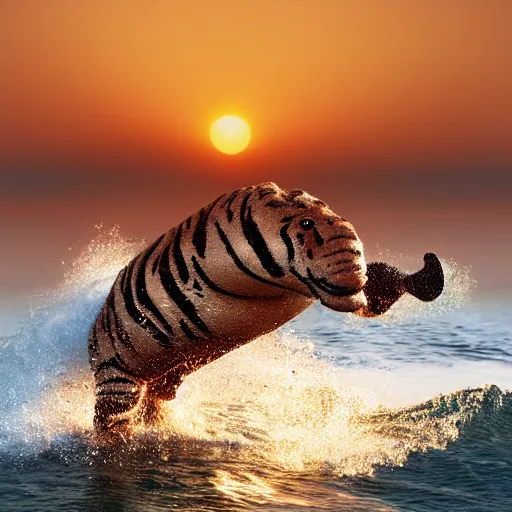 Image similar to a closeup photorealistic photograph of a cute smiling knitted tiger hippopotamus chasing after beachballs during sunset. surf in background. professional capture. this 4 k hd image is trending on artstation, featured on behance, well - rendered, extra crisp, features intricate detail, epic composition and the style of unreal engine.