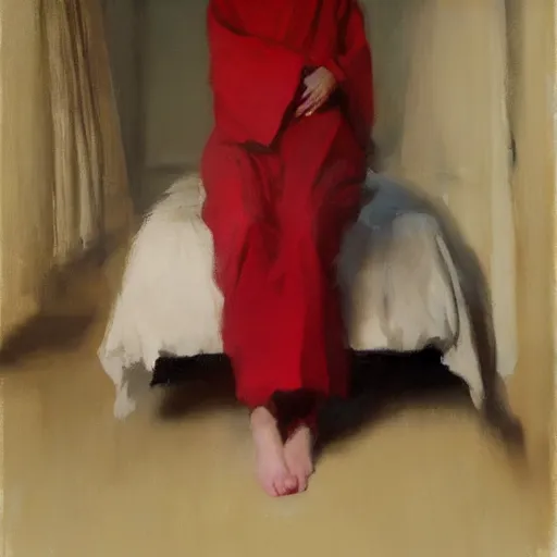 Image similar to girl with afro, in red kimono, backview, sitting on edge of bed, by jeremy lipking, tim rees, joseph todorovitch