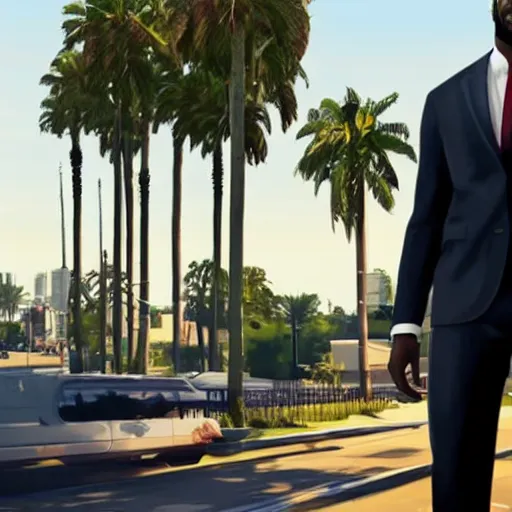 Image similar to Lebron James wearing a suit in GTA V . Los Santos in background, palm trees. in the art style of Stephen Bliss