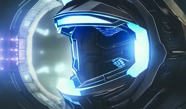 Image similar to cyberpunk halo helmet on space looking up, close shot, reflection, epic, dramatic, cinematic, award winning, ultra detailed, realistic, 8k,