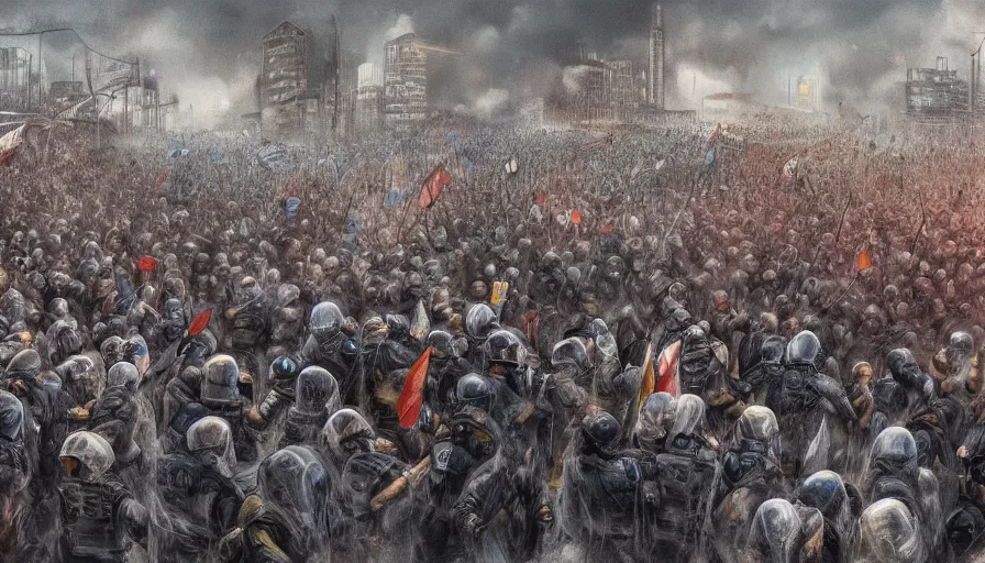 Image similar to few police lined up, standing against the crowd of protesters with blank posters, сlear sky, concept art, intricate details, highly professionally detailed,, highly detailed -