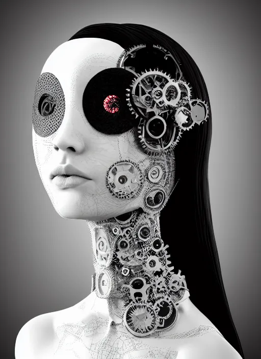 Image similar to black and white dreamy profile face portrait, one silver steampunk eye biomechanical beautiful angelic young female cyborg - robot bust, body ribs meshes,, volumetric light, hibiscus flowers, rim light, big gothic fashion pearl embroidered collar, 1 9 3 0, 8 k