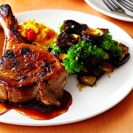 Image similar to caramelized pork chops and omelette, professional food photography in fancy restuarant