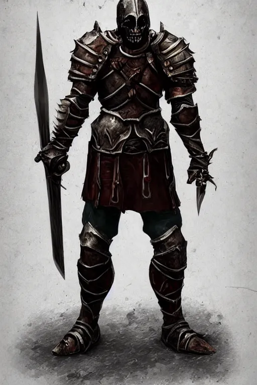 Image similar to a full body character design of an undead knight, average adult human proportions, burnt armor, flaming sword dark, high detail, gritty texture, Artstation