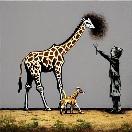 Prompt: a giraffe and a lion painting by banksy, graffiti art.