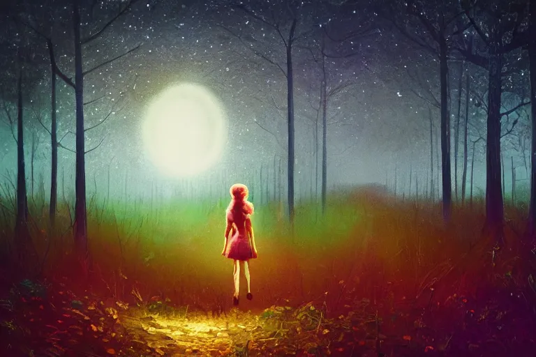 Image similar to giant daisy flower head, girl walking in a moonlit forest, hills, surreal photography, dark night, star trails, dramatic light, impressionist painting, clouds, digital painting, artstation, simon stalenhag