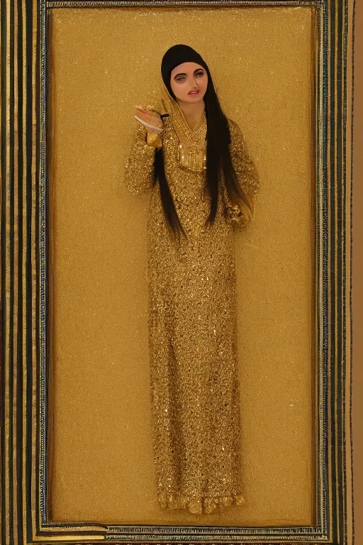 Prompt: arabian woman wearing golden garment, lenhert landrock