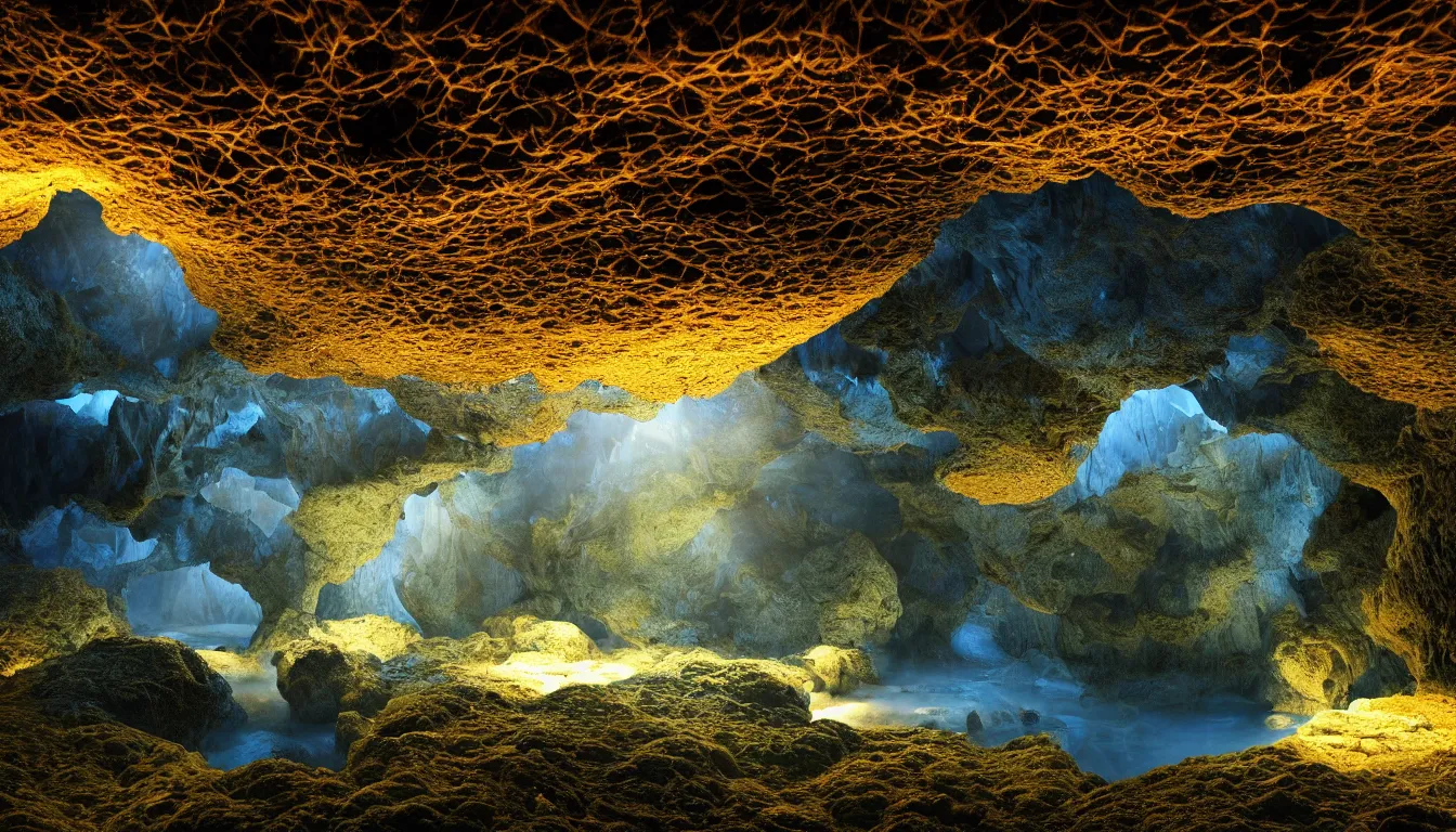 Prompt: expansive caves with growing fungal biodiversity , pools of water reflecting , dramatic dusk sun illuminates areas , volumetric light ,detailed entangled fibres carpet the fallen rocks ,full colour , upscale , 8k
