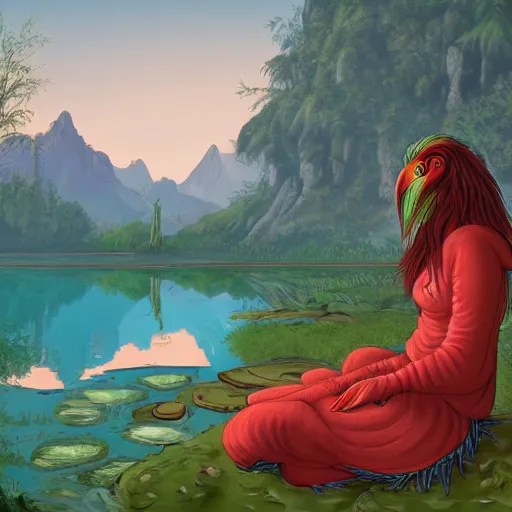 Prompt: Harpy, young woman, red feathered wings, bird legs, wearing Inka clothes, sad expression, sitting at a pond, mountainous area, trees in the background, comic style