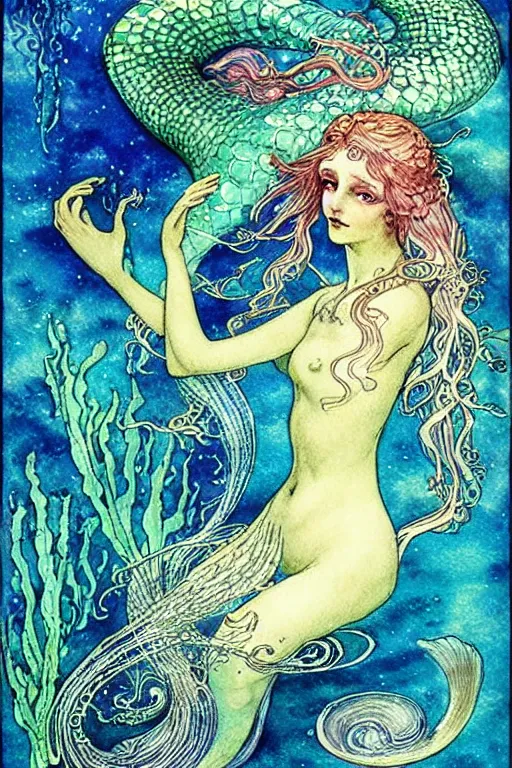 Image similar to alchemical mermaid underwater, fantasy art, art by hans zatzka and walter crane and kay nielsen, watercolor illustration,