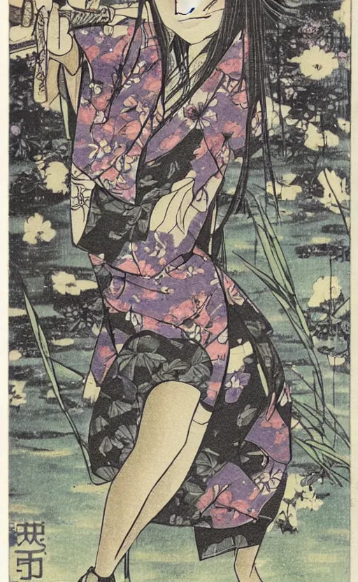 Image similar to by akio watanabe, manga art, a girl playing on wooden lake bridge and iris flowers, trading card front, kimono, realistic anatomy
