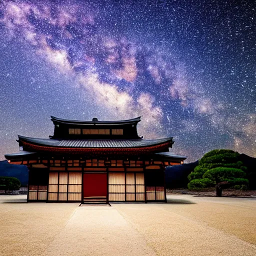 Image similar to A traditional japanese building underneath the milkyway at night both relfecting inside a lake