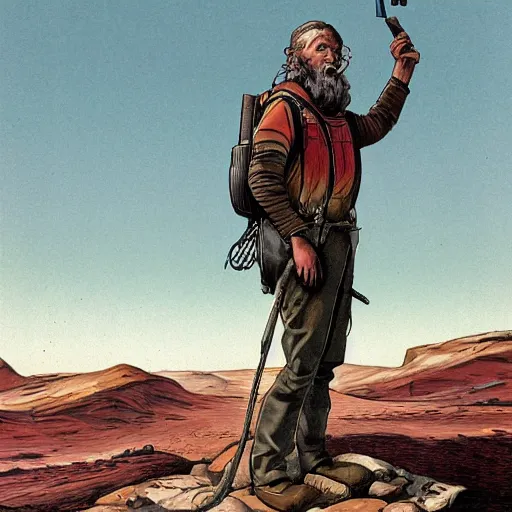 Image similar to 19th century scruffy american trapper, on mars, overlooking expanse, pulp science fiction illustration