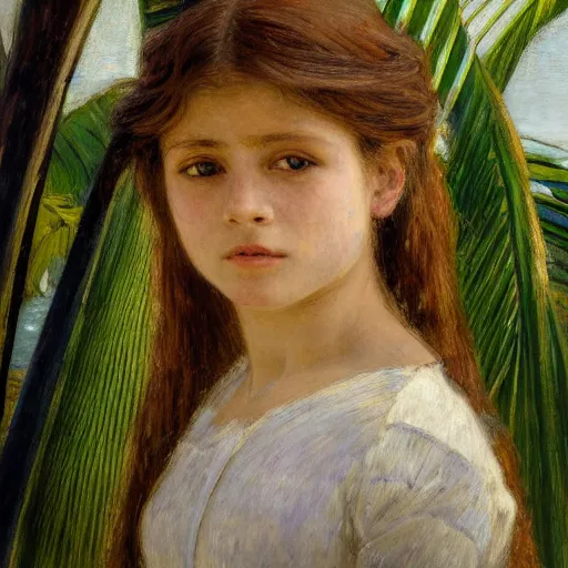 Image similar to a ultradetailed beautiful painting of a girl in the amazonas palace balustrade designed by jules bastien - lepage, tarsila do amaral, frank weston and gustave baumann, beach, trending on artstation, mediterranean, palm trees, hyper detailed face, sharp focus, soft light, 8 k 4 k