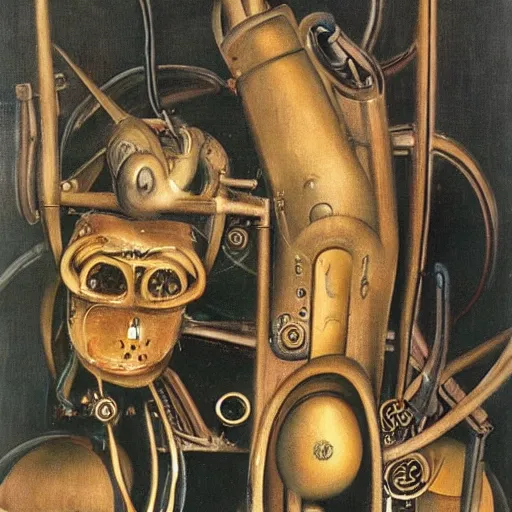 Image similar to Oil painting by Dali. Two mechanical trash gods with animal faces kissing. Oil painting by Hans Bellmer.