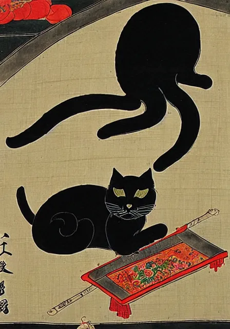 Prompt: black cat sleeping on shrine, by Shen Quan (1682—1760), trending on pixiv, HD, hanging scroll, ink and colour on silk, low saturation