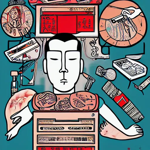 Image similar to chinese surgery operating table, in the style of daniel johnston and outsider art, 8k, line brush, overlaid with chinese adverts