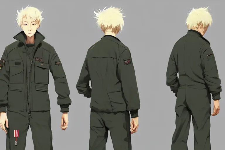 Image similar to character sheet of handsome young man wearing ma - 1 flight suit jacket and work pants, blonde hair, by greg rutkowski and studio ghibli, digital art, trending on artstation, highly detailed, concept art, beautiful, masterpiece