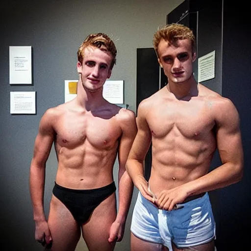 Image similar to “a realistic detailed photo of a guy who is an attractive humanoid who is half robot and half humanoid, who is a male android, British diver Jack Laugher & Chris Mears, shiny skin, posing like a statue, blank stare, at the museum, on display”