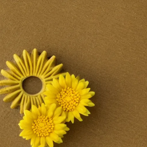 Prompt: a simple gear made out of yellow wheat flowers