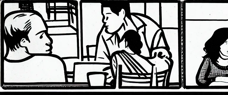 Image similar to man and woman talking quietly in a diner, over the shoulder shot, storyboard panel, eye level, black and white marker