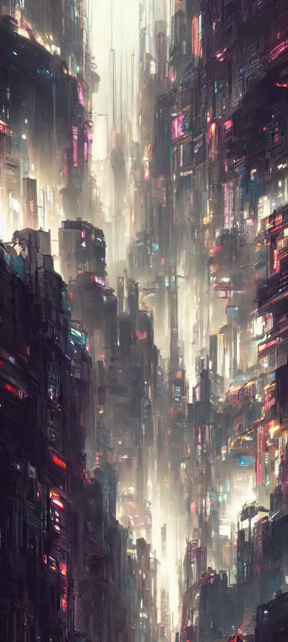 Prompt: A painting of a Vertical Cyberpunk City trending on artstation in the style of Greg Rutkowski