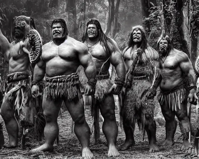 Image similar to hyper realistic group vintage photograph of a live action warcraft orc warrior tribe in the jungle, tall, hulk like physique, detailed faces, tribal paint, tribal armor, grain, old, monochrome, sepia toned, realistic lighting, wide angle