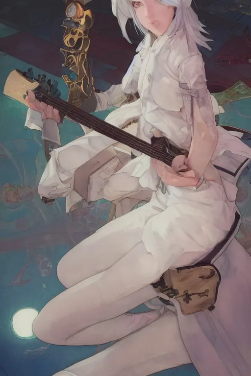 Image similar to a white haired girl with a guitar on her back sitting on the floor taking off her socks, 4 5 angel by krenz cushart and mucha and akihito yoshida and greg rutkowski, 4 k resolution blackmagic ursa mini pro 1 2 k canon fujifilm sony alpha nikon