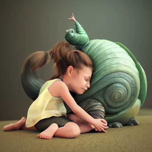 Image similar to a little girl hugging a giant snail, photo, realistic, artstation , beautiful, octane render