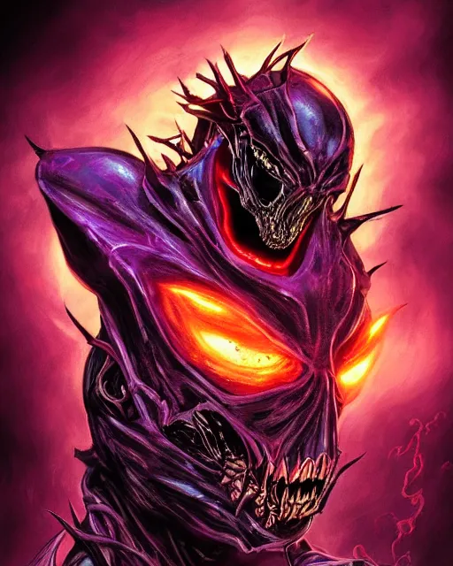 Image similar to ghost rider symbiote, purple and red variant, dynamic lighting, fantasy concept art, trending on art station, stunning visuals, creative, cinematic, ultra detailed, comic strip style