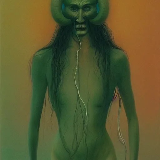 Image similar to woman with tentacles as appendages, flash, 80mm F2.8, single light source, painting by Zdzislaw Beksinski