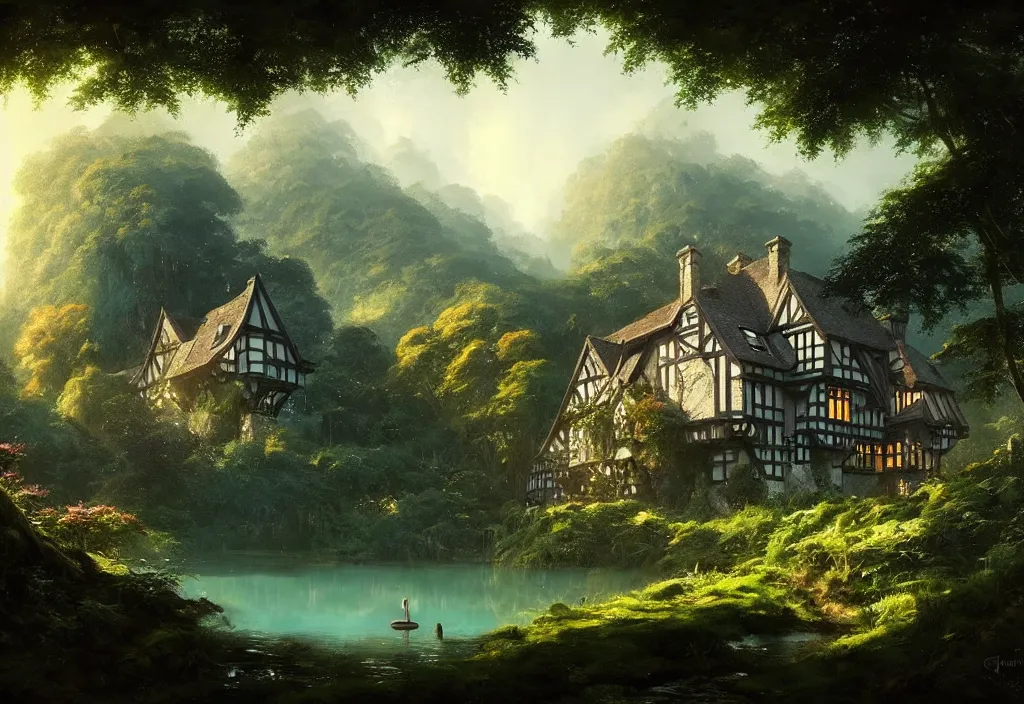 Prompt: a tudor house on a hillside surrounded by jungle with a pond, blue sky, cinematic view, detailed architecture, concept art, high detail, well lit, volumetric, godrays, vivid, trending on artstation, by jordan grimmer, art greg rutkowski