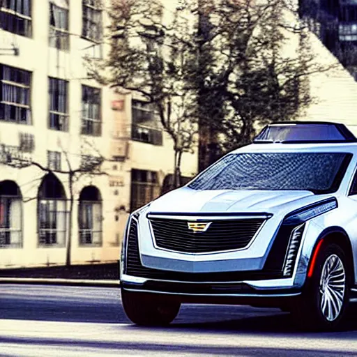 Image similar to “Cadillac autonomous SUV of the future, shiny new 2050 model, concept car, driving in a futuristic city.”