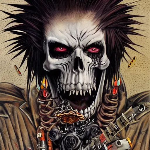 Prompt: a portrait of the grim reaper as a punk rocker, punk, skeleton face, mohawk, dark, fantasy, leather jackets, spiked collars, spiked wristbands, piercings, boots, electric guitars, motorcycles, ultrafine detailed painting by frank frazetta and vito acconci and takeshi obata, death note style, detailed painting, detailed eyes