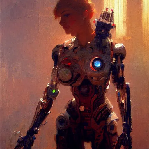 Image similar to Attractive cyborg woman, painting by Gaston Bussiere, Craig Mullins