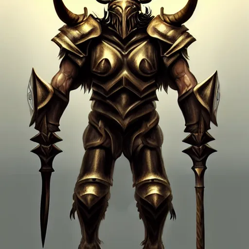 Image similar to Giant minotaur humanoid beast warrior with two handed axe, horned helmet, concept art, heavy knight golden armor, paladin, hyperrealism, high details, digital painting, dark fantasy