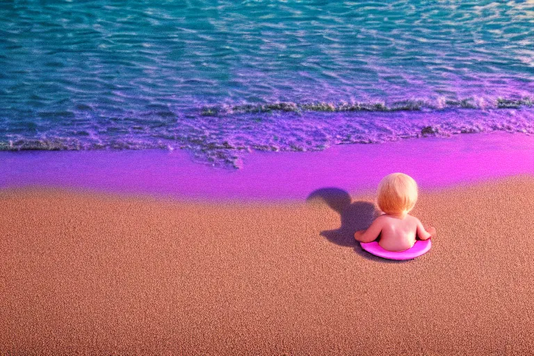 Image similar to a vintage family holiday photo of an empty beach from an alien dreamstate world with pastel pink iridescent!! sand, reflective metallic water and sunbathing equipment at dusk. refraction, volumetric, light.