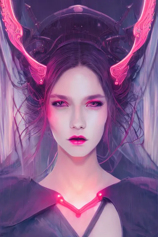 Image similar to portrait futuristic Devil Girl with horns and wings, in future cyberpunk tokyo rooftop , ssci-fi, fantasy, intricate, very very beautiful, elegant, human anatomy, neon light, highly detailed, digital painting, artstation, concept art, smooth, sharp focus, illustration, art by tian zi and WLOP and alphonse mucha