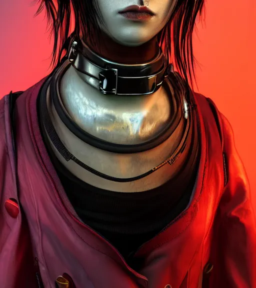 Image similar to detailed realistic female character cyberpunk wearing thick steel collar around neck, realistic, art, beautiful, 4K, collar, choker, collar around neck, punk, artstation, detailed, female, woman, choker, cyberpunk, neon, punk, collar, choker, collar around neck, thick collar, tight around neck, punk, choker