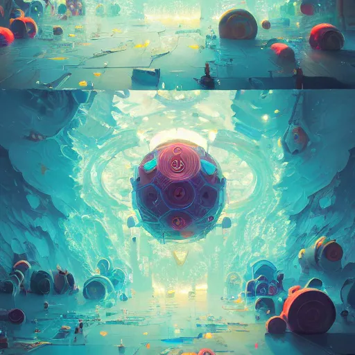 Prompt: highly detailed happy abstract geometric painting, stephen bliss, unreal engine, greg rutkowski, loish, rhads, beeple, makoto shinkai and lois van baarle, ilya kuvshinov, rossdraws, tom bagshaw, global illumination, detailed and intricate environment