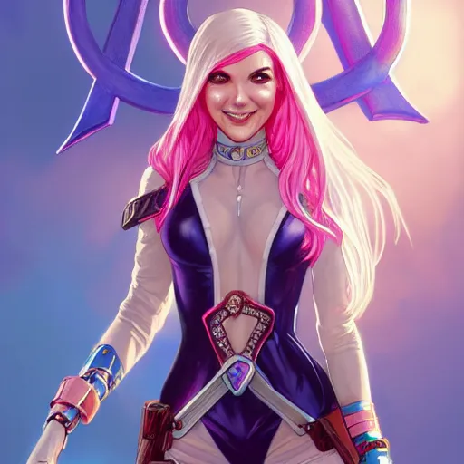 Image similar to Victoria Justice with pink and blonde hair and blue eyes as Gwenpool, western, D&D, fantasy, intricate, elegant, highly detailed, digital painting, artstation, concept art, matte, sharp focus, illustration, art by Artgerm and Greg Rutkowski and Alphonse Mucha