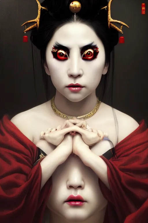 Image similar to a demonic horrific chinese portrait of lady gaga, white eyes, bored, illustration, soft lighting, soft details, painting oil on canvas by edmund blair leighton and charlie bowater octane render, hdr, trending on artstation, 4 k, 8 k, hd