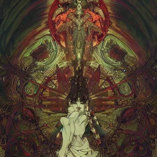 Image similar to gustave dore james gurney greg rutowski yoji shinkawa apophasis shintaro kago apophasis hyperrealism alphonse mucha victo ngai hyperrealism evil satanic shamanic deity combat mech demigod powerful cyborg death god hell hellscape damned souls horrid hyperrealism