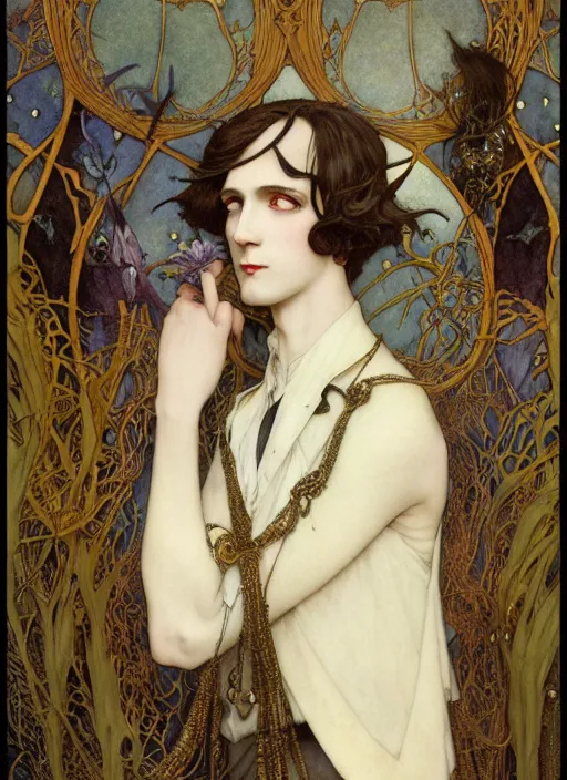 Image similar to edmund dulac, leyendecker, highly detailed portrait, a beautiful androgynous sebastian michaelis, long hair, tall and thin, wearing several pendants, art nouveau, stephen bliss, unreal engine, by greg rutkowski, loish, ferdinand knab, ilya kuvshinov, rossdraws, tom bagshaw, alphonse mucha, global illumination, radiant light