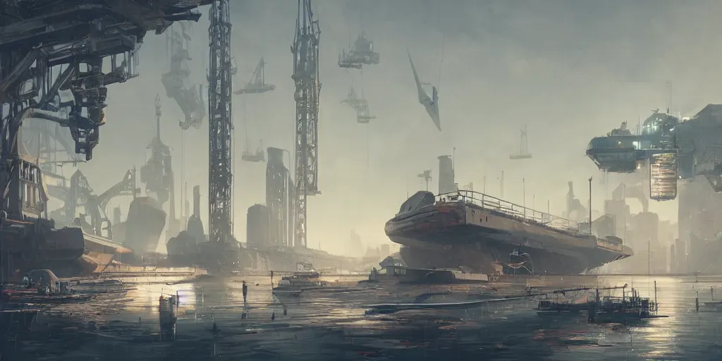 Image similar to old gigantic futuristic rusty boat, harbour of cyberpunk city, mist, cranes, spaceship cargo in dry dock, morning, some seagulls, greg rutkowski, artstation