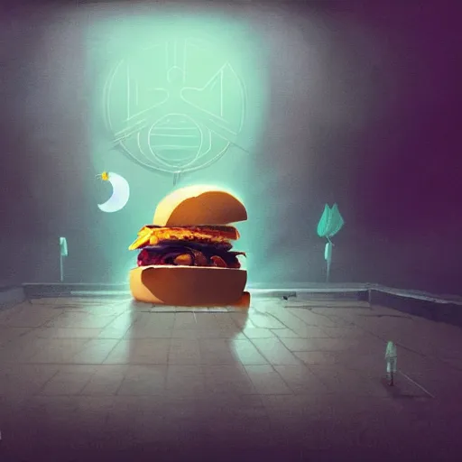 Image similar to a cat running away from a giant sandwich, artstation hq, dark phantasy, stylized, symmetry, modeled lighting, detailed, expressive, created by hayao miyazaki