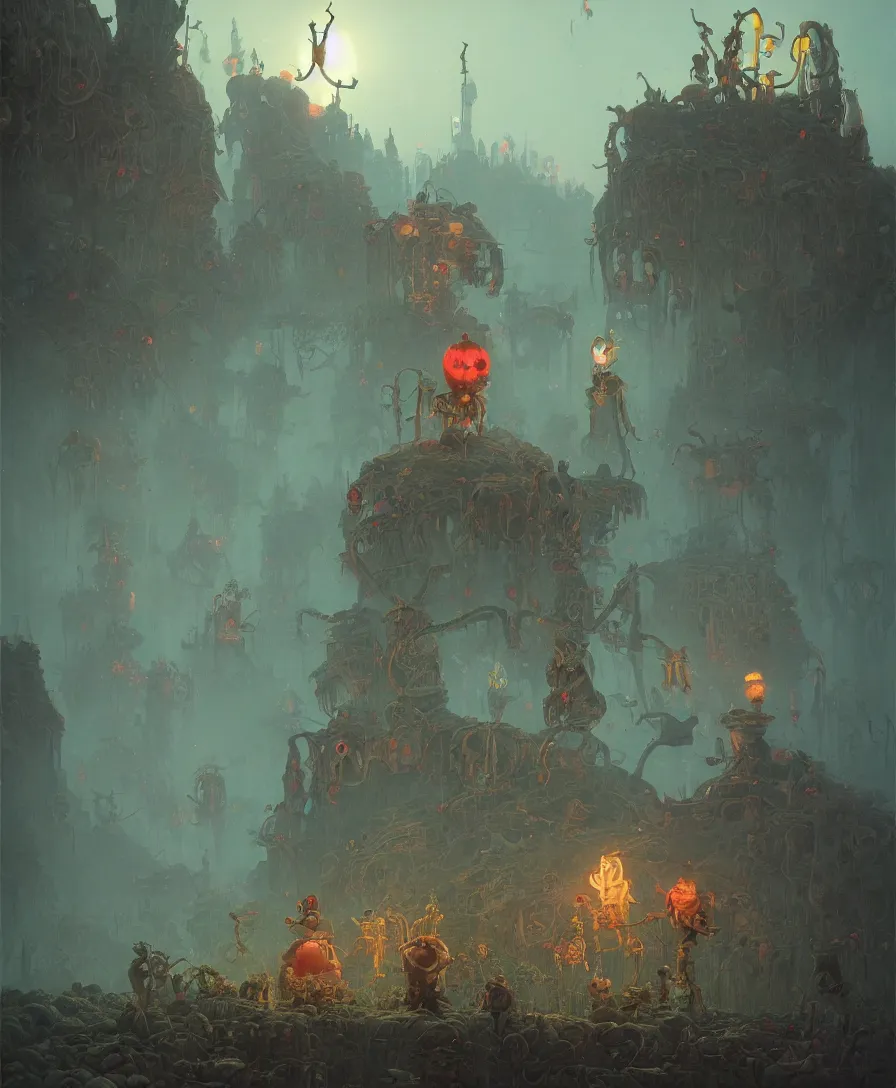 Prompt: skull clown afterlife, illustrated by Simon Stålenhag and Gaston Bussiere, 35mm lens, beautiful volumetric lighting style atmosphere, intricate, ultra detailed, photorealistic, trending on artstation 8k