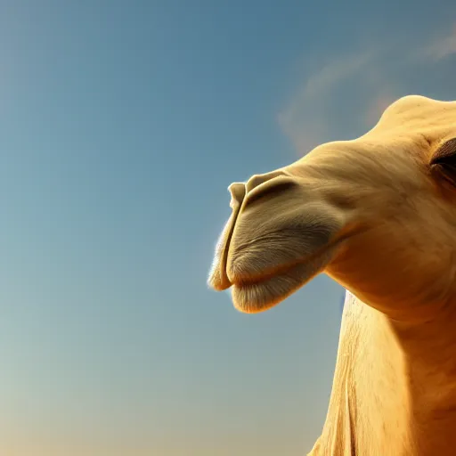 Prompt: beautiful camel made of transparent opal, translucent, glare, sunlight, transparent sculpture, glowing in the sun, HDR, octane render, 8k, detailed