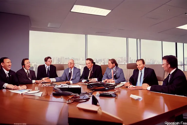 Prompt: Ronald McDonald sat at the desk of a corporate board meeting, surrounded by men in suits, award winning photograph, nikon, 24mm focal length, f/8, fuji velvia, business photography