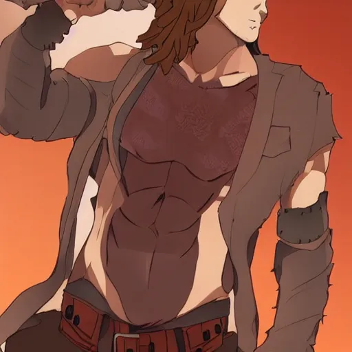 Image similar to well built man, rusty colored long hair, anime, high details,